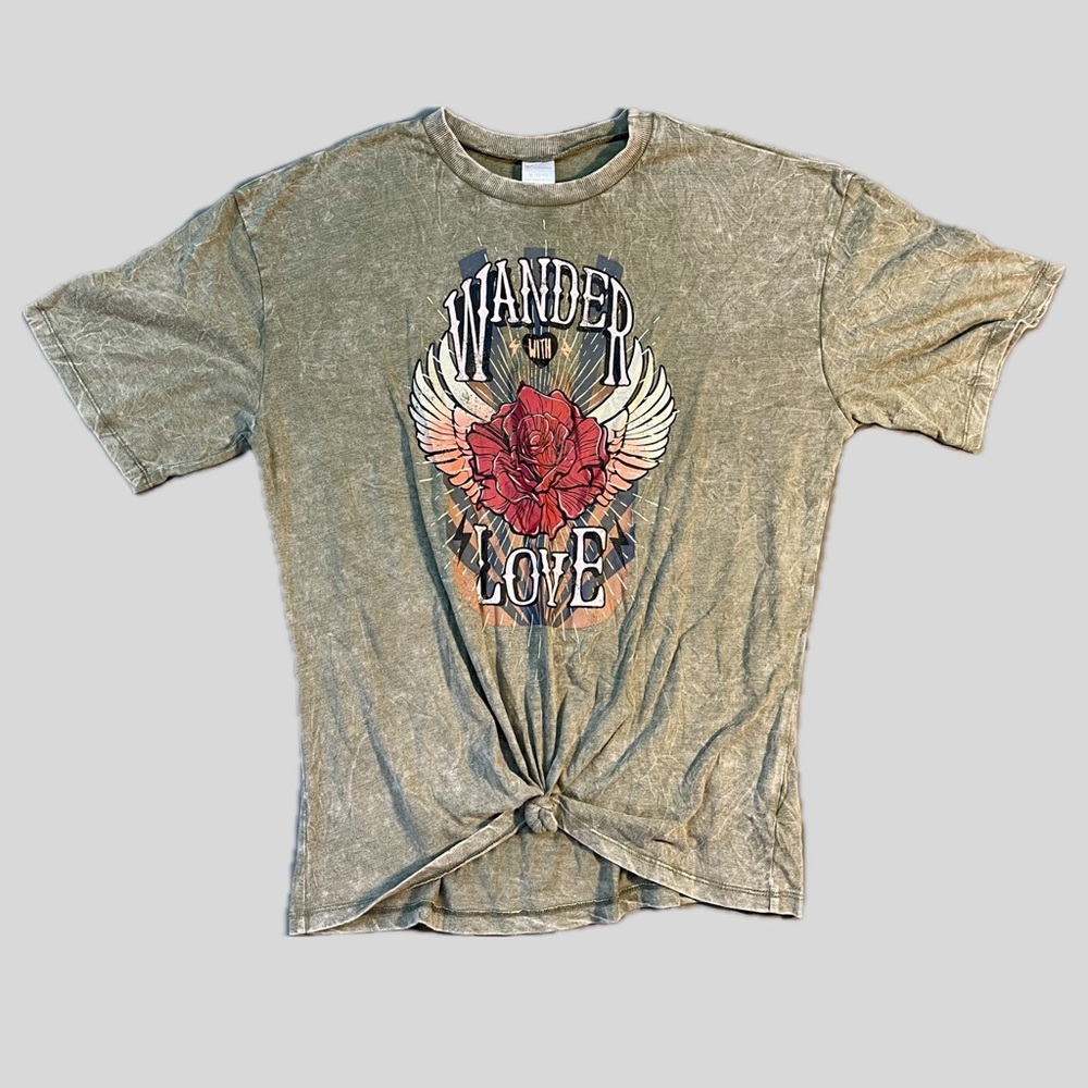 Wander With Love Angel Wing Rose Flash Art Boyfriend Tee XL 15-17